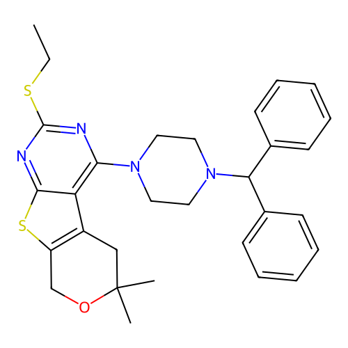 4-(4-benzhydrylpiperazin-1-yl)-2-(ethylthio)-6,6-dimethyl-6,8-dihydro-5H-pyrano[4',3':4,5]thieno[2,3-d]pyrimidine structure