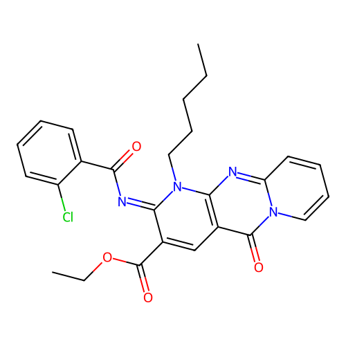 (Z)-ethyl 2-((2-chlorobenzoyl)imino)-5-oxo-1-pentyl-2,5-dihydro-1H-dipyrido[1,2-a:2',3'-d]pyrimidine-3-carboxylate structure