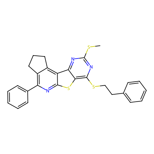 9-(methylsulfanyl)-4-phenyl-7-[(2-phenylethyl)sulfanyl]-2,3-dihydro-1H-cyclopenta[4',5']pyrido[3',2':4,5]thieno[3,2-d]pyrimidine structure