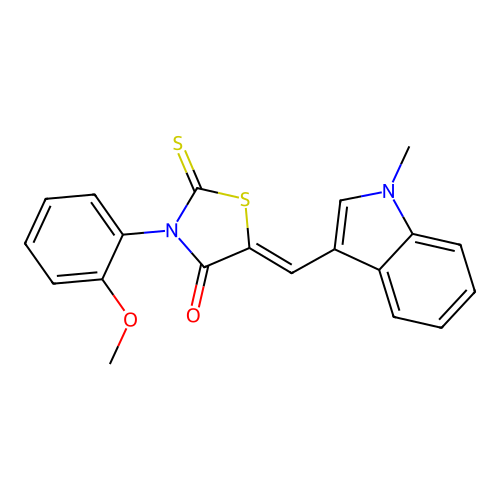 (Z)-3-(2-methoxyphenyl)-5-((1-methyl-1H-indol-3-yl)methylene)-2-thioxothiazolidin-4-one structure