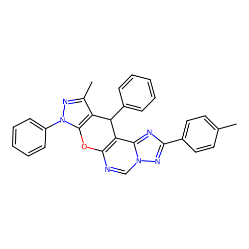 10-methyl-2-(4-methylphenyl)-8,11-diphenyl-8,11-dihydropyrazolo[4',3':5,6]pyrano[3,2-e][1,2,4]triazolo[1,5-c]pyrimidine structure