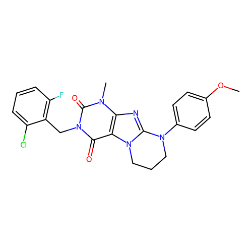 3-(2-chloro-6-fluorobenzyl)-9-(4-methoxyphenyl)-1-methyl-6,7,8,9-tetrahydropyrimido[2,1-f]purine-2,4(1H,3H)-dione structure
