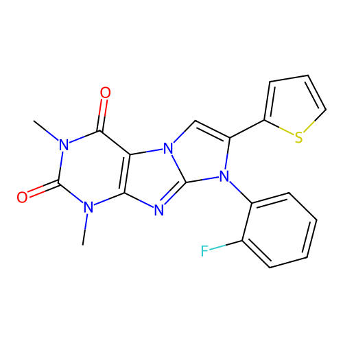 8-(2-fluorophenyl)-1,3-dimethyl-7-(thiophen-2-yl)-1H-imidazo[2,1-f]purine-2,4(3H,8H)-dione structure