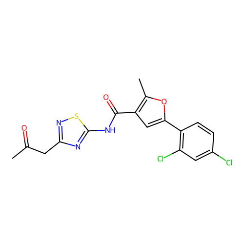 5-(2,4-dichlorophenyl)-2-methyl-N-[3-(2-oxopropyl)-1,2,4-thiadiazol-5-yl]furan-3-carboxamide structure
