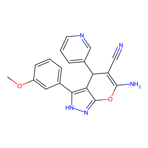 6-amino-3-(3-methoxyphenyl)-4-(pyridin-3-yl)-1,4-dihydropyrano[2,3-c]pyrazole-5-carbonitrile structure