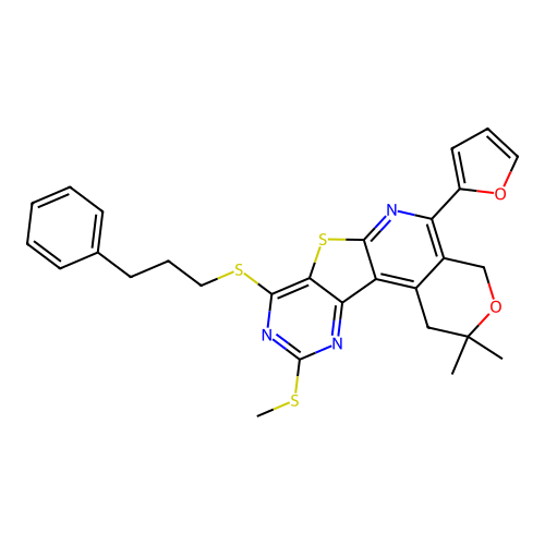 5-(furan-2-yl)-2,2-dimethyl-10-(methylsulfanyl)-8-[(3-phenylpropyl)sulfanyl]-1,4-dihydro-2H-pyrano[4'',3'':4',5']pyrido[3',2':4,5]thieno[3,2-d]pyrimidine structure