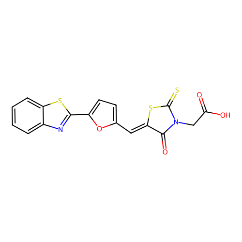 (Z)-2-(5-((5-(benzo[d]thiazol-2-yl)furan-2-yl)methylene)-4-oxo-2-thioxothiazolidin-3-yl)acetic acid structure