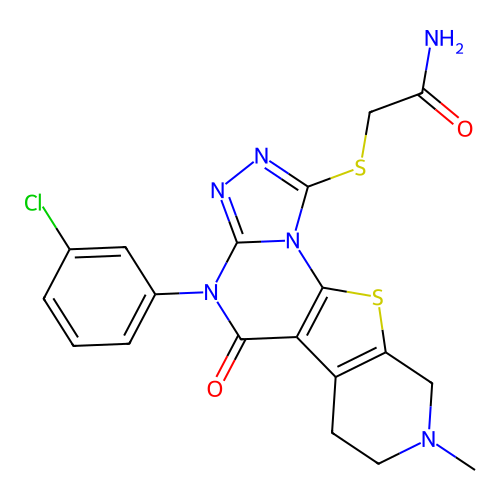 2-((4-(3-chlorophenyl)-8-methyl-5-oxo-4,5,6,7,8,9-hexahydropyrido[4',3':4,5]thieno[3,2-e][1,2,4]triazolo[4,3-a]pyrimidin-1-yl)thio)acetamide structure