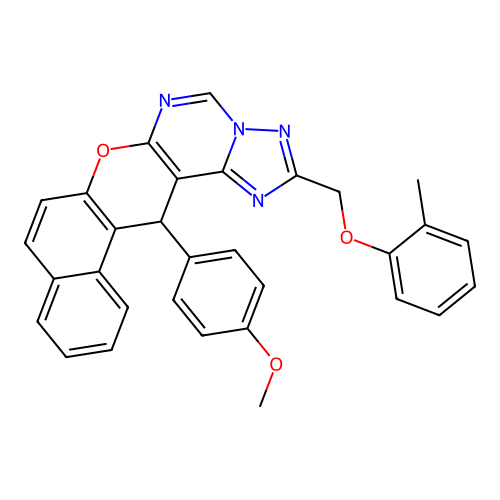 14-(4-methoxyphenyl)-2-[(2-methylphenoxy)methyl]-14H-benzo[5,6]chromeno[3,2-e][1,2,4]triazolo[1,5-c]pyrimidine structure