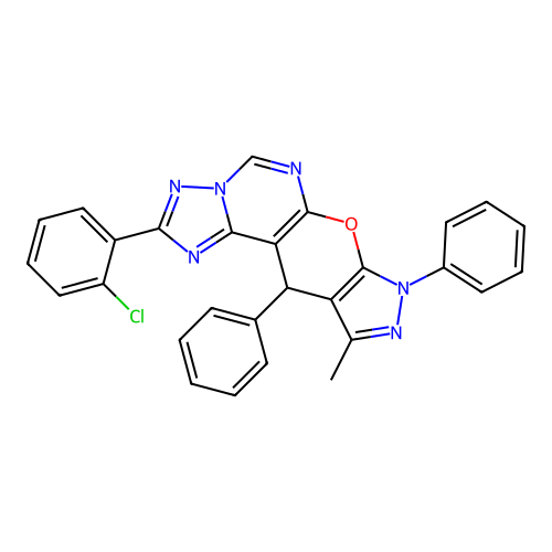 2-(2-chlorophenyl)-10-methyl-8,11-diphenyl-8,11-dihydropyrazolo[4',3':5,6]pyrano[3,2-e][1,2,4]triazolo[1,5-c]pyrimidine structure