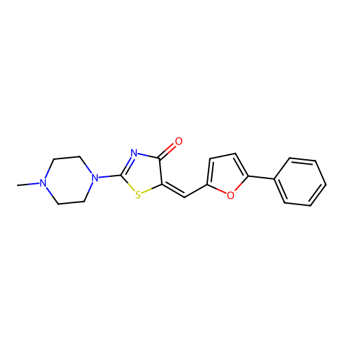 (5E)-2-(4-methylpiperazin-1-yl)-5-[(5-phenylfuran-2-yl)methylidene]-1,3-thiazol-4-one structure
