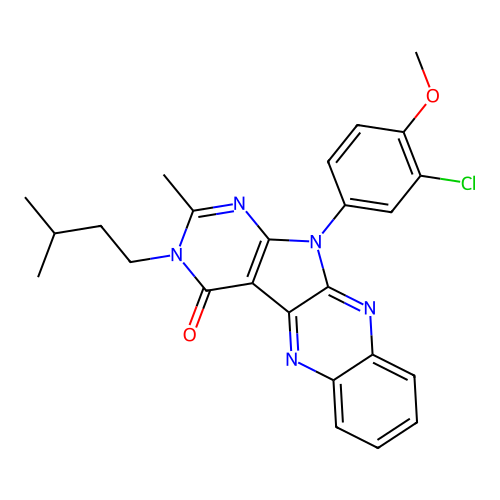 11-(3-chloro-4-methoxyphenyl)-2-methyl-3-(3-methylbutyl)-3,11-dihydro-4H-pyrimido[5',4':4,5]pyrrolo[2,3-b]quinoxalin-4-one structure