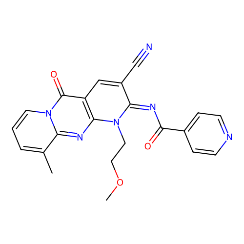 (E)-N-(3-cyano-1-(2-methoxyethyl)-10-methyl-5-oxo-1H-dipyrido[1,2-a:2',3'-d]pyrimidin-2(5H)-ylidene)isonicotinamide structure