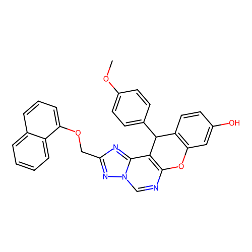 12-(4-methoxyphenyl)-2-((naphthalen-1-yloxy)methyl)-12H-chromeno[3,2-e][1,2,4]triazolo[1,5-c]pyrimidin-9-ol structure