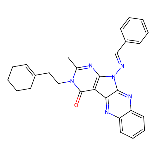 (E)-11-(benzylideneamino)-3-(2-(cyclohex-1-en-1-yl)ethyl)-2-methyl-3H-pyrimido[5',4':4,5]pyrrolo[2,3-b]quinoxalin-4(11H)-one structure