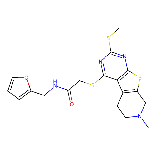 N-(furan-2-ylmethyl)-2-((7-methyl-2-(methylthio)-5,6,7,8-tetrahydropyrido[4',3':4,5]thieno[2,3-d]pyrimidin-4-yl)thio)acetamide structure