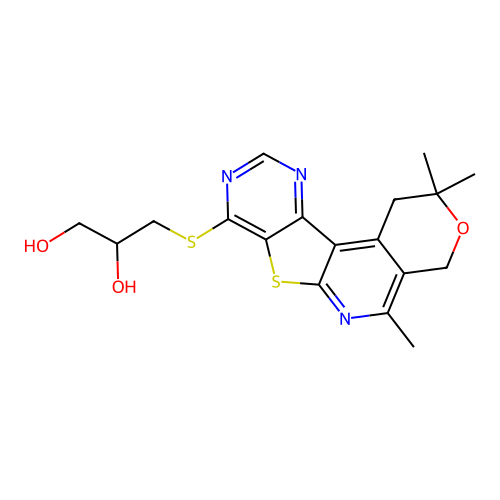 3-((2,2,5-trimethyl-2,4-dihydro-1H-pyrano[4'',3'':4',5']pyrido[3',2':4,5]thieno[3,2-d]pyrimidin-8-yl)thio)propane-1,2-diol structure
