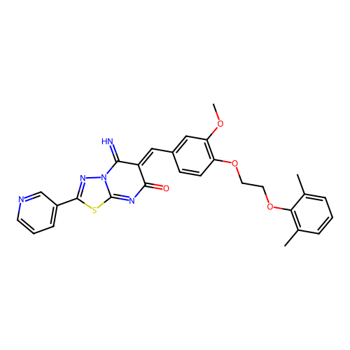 (6Z)-6-[[4-[2-(2,6-dimethylphenoxy)ethoxy]-3-methoxyphenyl]methylidene]-5-imino-2-pyridin-3-yl-[1,3,4]thiadiazolo[3,2-a]pyrimidin-7-one structure