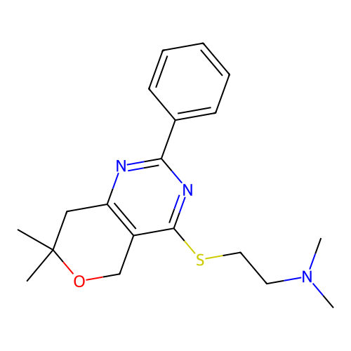 [2-(7,7-Dimethyl-2-phenyl-7,8-dihydro-5H-pyrano[4,3-d]pyrimidin-4-ylsulfanyl)-ethyl]-dimethyl-amine structure