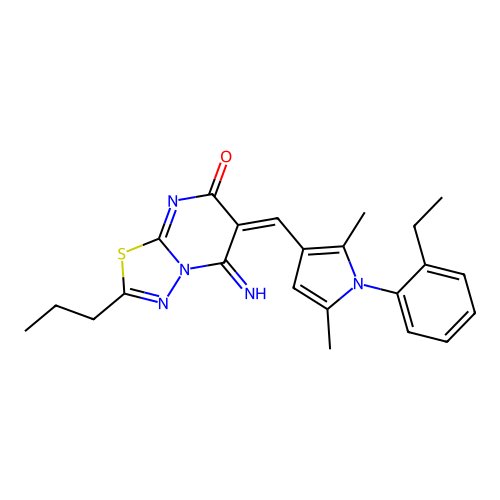 (E)-6-((1-(2-ethylphenyl)-2,5-dimethyl-1H-pyrrol-3-yl)methylene)-5-imino-2-propyl-5H-[1,3,4]thiadiazolo[3,2-a]pyrimidin-7(6H)-one structure