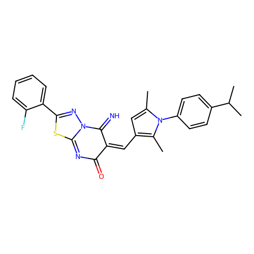 (E)-2-(2-fluorophenyl)-5-imino-6-((1-(4-isopropylphenyl)-2,5-dimethyl-1H-pyrrol-3-yl)methylene)-5H-[1,3,4]thiadiazolo[3,2-a]pyrimidin-7(6H)-one structure