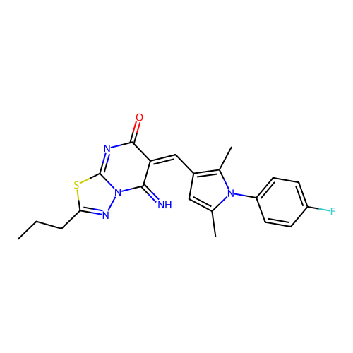 (6E)-6-[[1-(4-fluorophenyl)-2,5-dimethylpyrrol-3-yl]methylidene]-5-imino-2-propyl-[1,3,4]thiadiazolo[3,2-a]pyrimidin-7-one structure