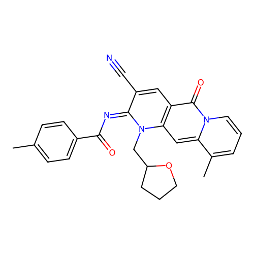 (Z)-N-(3-cyano-10-methyl-5-oxo-1-((tetrahydrofuran-2-yl)methyl)-1H-pyrido[1,2-g][1,6]naphthyridin-2(5H)-ylidene)-4-methylbenzamide structure