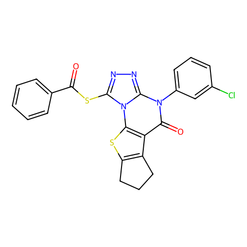 S-(4-(3-chlorophenyl)-5-oxo-5,6,7,8-tetrahydro-4H-cyclopenta[4,5]thieno[3,2-e][1,2,4]triazolo[4,3-a]pyrimidin-1-yl) benzothioate structure