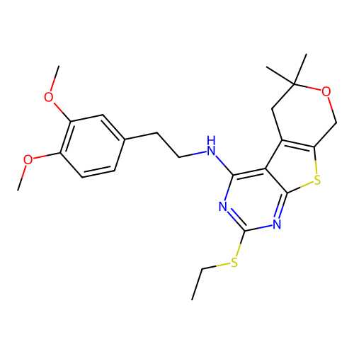 N-(3,4-dimethoxyphenethyl)-2-(ethylthio)-6,6-dimethyl-6,8-dihydro-5H-pyrano[4',3':4,5]thieno[2,3-d]pyrimidin-4-amine structure
