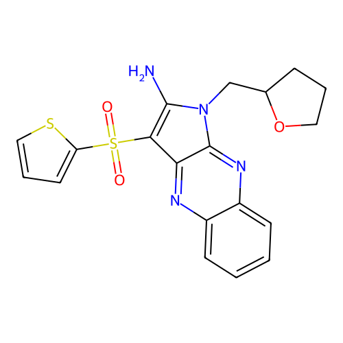 1-(Oxolan-2-ylmethyl)-3-thiophen-2-ylsulfonylpyrrolo[3,2-b]quinoxalin-2-amine structure