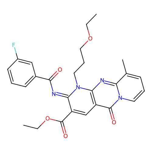 (Z)-ethyl 1-(3-ethoxypropyl)-2-((3-fluorobenzoyl)imino)-10-methyl-5-oxo-2,5-dihydro-1H-dipyrido[1,2-a:2',3'-d]pyrimidine-3-carboxylate structure