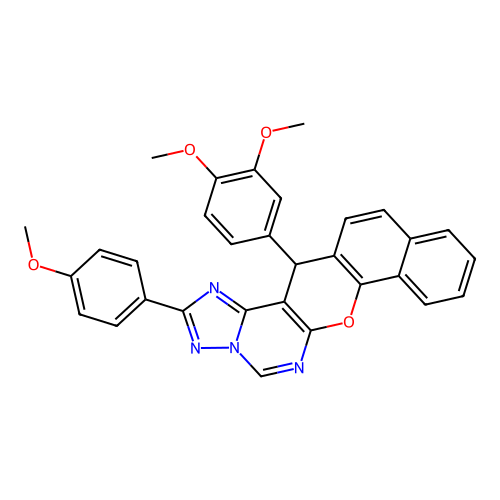 14-(3,4-dimethoxyphenyl)-2-(4-methoxyphenyl)-14H-benzo[7,8]chromeno[3,2-e][1,2,4]triazolo[1,5-c]pyrimidine structure