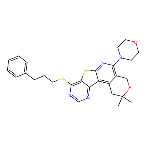 2,2-dimethyl-5-(morpholin-4-yl)-8-[(3-phenylpropyl)sulfanyl]-1,4-dihydro-2H-pyrano[4'',3'':4',5']pyrido[3',2':4,5]thieno[3,2-d]pyrimidine structure