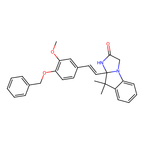 (E)-9a-(4-(benzyloxy)-3-methoxystyryl)-9,9-dimethyl-9,9a-dihydro-1H-imidazo[1,2-a]indol-2(3H)-one structure