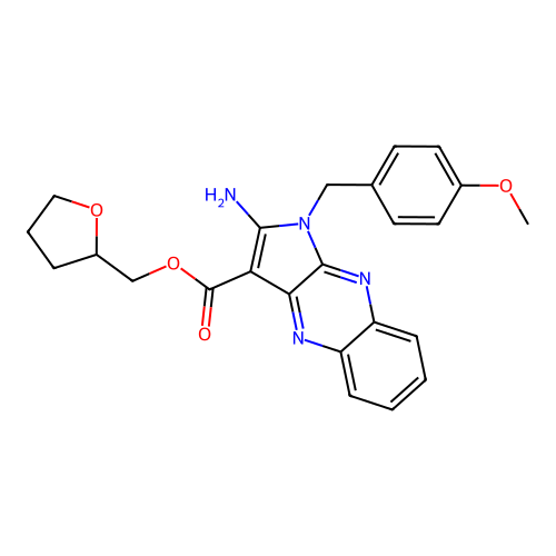 (tetrahydrofuran-2-yl)methyl 2-amino-1-(4-methoxybenzyl)-1H-pyrrolo[2,3-b]quinoxaline-3-carboxylate structure