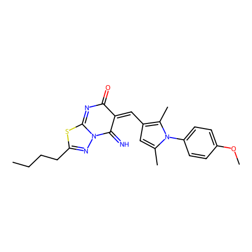 (6E)-2-butyl-5-imino-6-[[1-(4-methoxyphenyl)-2,5-dimethylpyrrol-3-yl]methylidene]-[1,3,4]thiadiazolo[3,2-a]pyrimidin-7-one structure