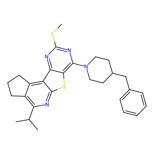 7-(4-benzylpiperidin-1-yl)-4-isopropyl-9-(methylthio)-2,3-dihydro-1H-cyclopenta[4',5']pyrido[3',2':4,5]thieno[3,2-d]pyrimidine structure