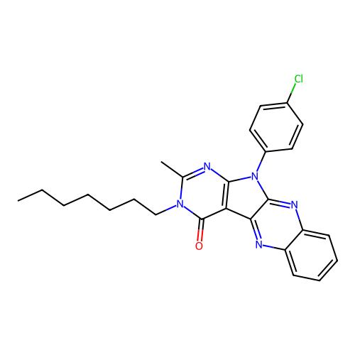 11-(4-chlorophenyl)-3-heptyl-2-methyl-3,11-dihydro-4H-pyrimido[5',4':4,5]pyrrolo[2,3-b]quinoxalin-4-one structure