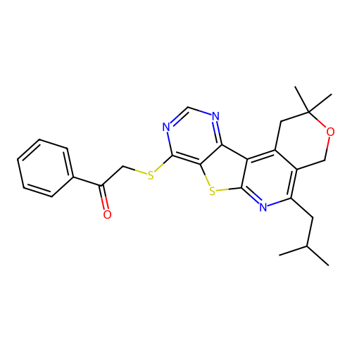 2-((5-isobutyl-2,2-dimethyl-2,4-dihydro-1H-pyrano[4'',3'':4',5']pyrido[3',2':4,5]thieno[3,2-d]pyrimidin-8-yl)thio)-1-phenylethanone structure