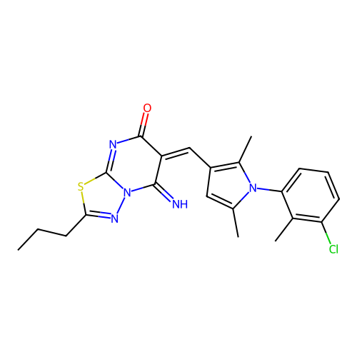 (6E)-6-[[1-(3-chloro-2-methylphenyl)-2,5-dimethylpyrrol-3-yl]methylidene]-5-imino-2-propyl-[1,3,4]thiadiazolo[3,2-a]pyrimidin-7-one structure