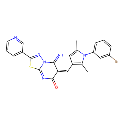 (E)-6-((1-(3-bromophenyl)-2,5-dimethyl-1H-pyrrol-3-yl)methylene)-5-imino-2-(pyridin-3-yl)-5H-[1,3,4]thiadiazolo[3,2-a]pyrimidin-7(6H)-one structure