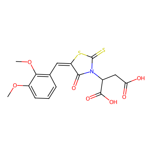 (E)-2-(5-(2,3-dimethoxybenzylidene)-4-oxo-2-thioxothiazolidin-3-yl)succinic acid structure