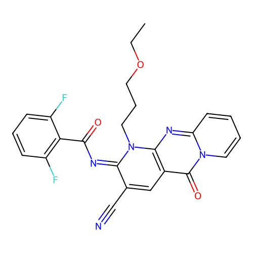 (E)-N-(3-cyano-1-(3-ethoxypropyl)-5-oxo-1H-dipyrido[1,2-a:2',3'-d]pyrimidin-2(5H)-ylidene)-2,6-difluorobenzamide structure