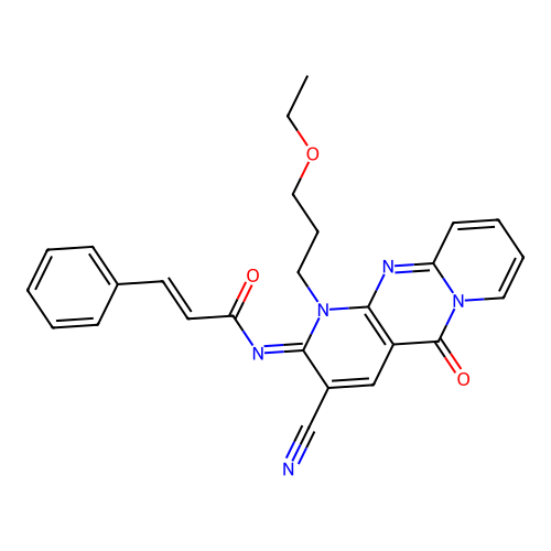 (2E)-N-[(2E)-3-cyano-1-(3-ethoxypropyl)-5-oxo-1,5-dihydro-2H-dipyrido[1,2-a:2',3'-d]pyrimidin-2-ylidene]-3-phenylprop-2-enamide structure