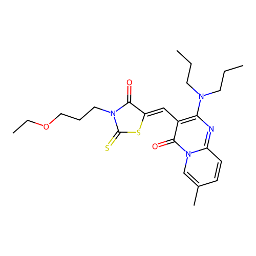 2-(dipropylamino)-3-{(Z)-[3-(3-ethoxypropyl)-4-oxo-2-thioxo-1,3-thiazolidin-5-ylidene]methyl}-7-methyl-4H-pyrido[1,2-a]pyrimidin-4-one structure