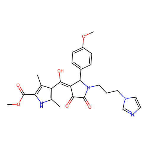 methyl 4-(1-(3-(1H-imidazol-1-yl)propyl)-4-hydroxy-2-(4-methoxyphenyl)-5-oxo-2,5-dihydro-1H-pyrrole-3-carbonyl)-3,5-dimethyl-1H-pyrrole-2-carboxylate structure