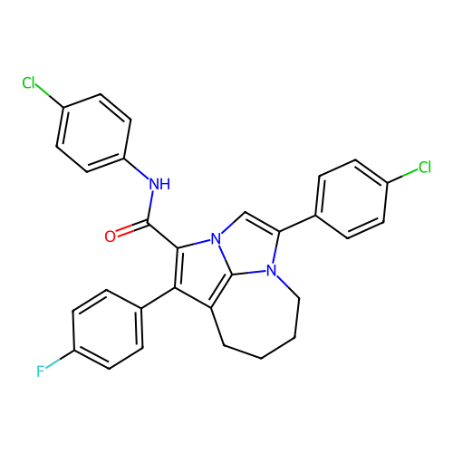 N,4-bis(4-chlorophenyl)-1-(4-fluorophenyl)-5,6,7,8-tetrahydro-2a,4a-diazacyclopenta[cd]azulene-2-carboxamide structure