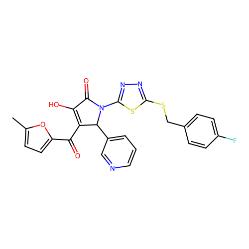 (4E)-1-{5-[(4-fluorobenzyl)sulfanyl]-1,3,4-thiadiazol-2-yl}-4-[hydroxy(5-methylfuran-2-yl)methylidene]-5-(pyridin-3-yl)pyrrolidine-2,3-dione structure