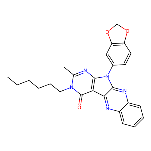 11-(1,3-benzodioxol-5-yl)-3-hexyl-2-methyl-3,11-dihydro-4H-pyrimido[5',4':4,5]pyrrolo[2,3-b]quinoxalin-4-one structure