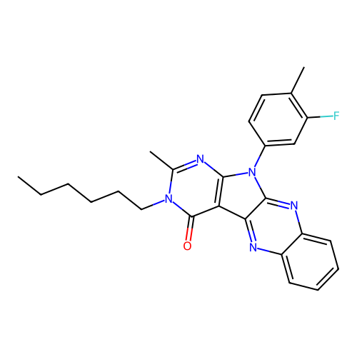 11-(3-fluoro-4-methylphenyl)-3-hexyl-2-methyl-3,11-dihydro-4H-pyrimido[5',4':4,5]pyrrolo[2,3-b]quinoxalin-4-one structure